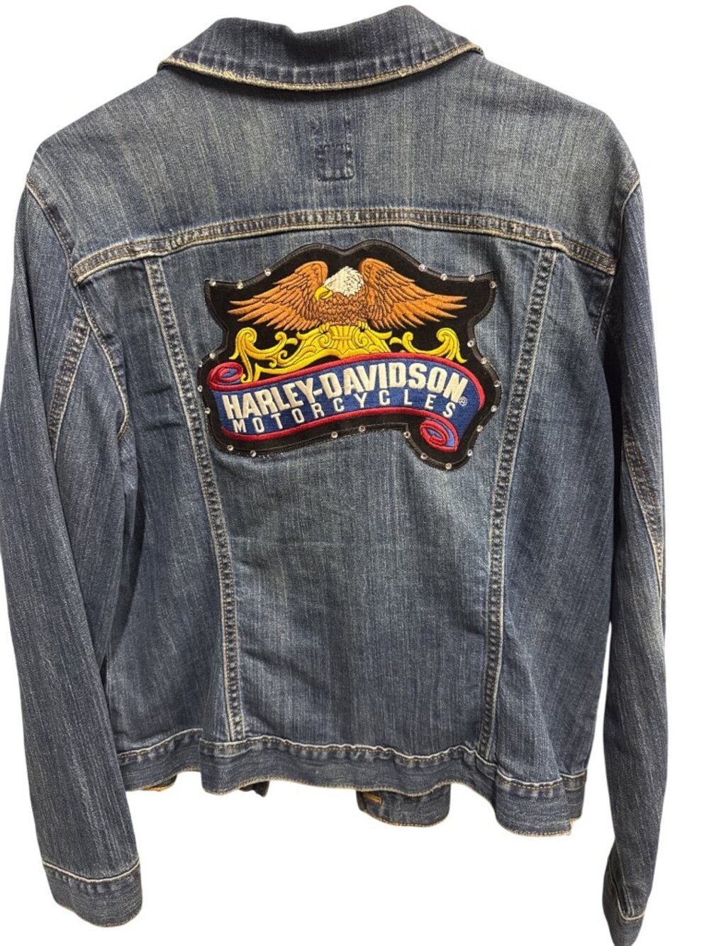 Up cycled Gap Womens XL Denim Jacket With Harley-Davidson & Green Mopar Muscle - Picture 4 of 6